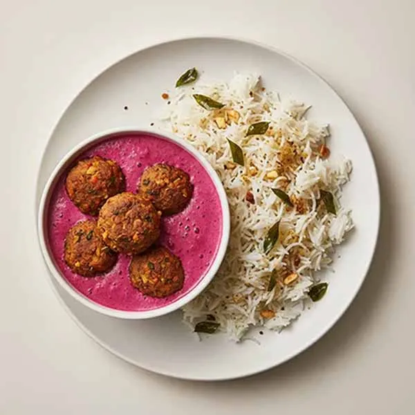 Kacche Kele Ka Kofta with Beetroot Kadhi & Shengdana Kadipatta Rice(V)